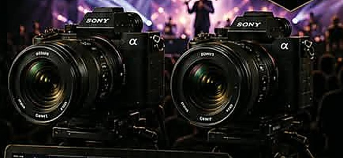 Two Sony Alpha cameras before a concert stage