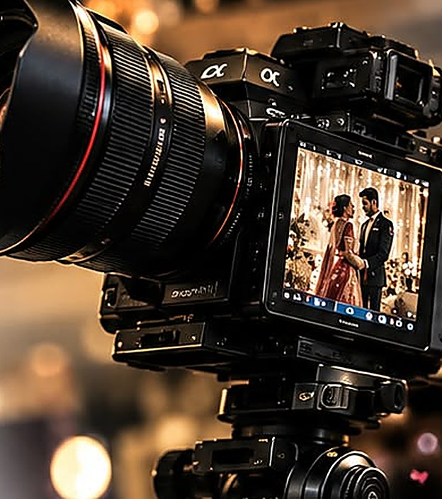 Camera lens with a couple on its screen